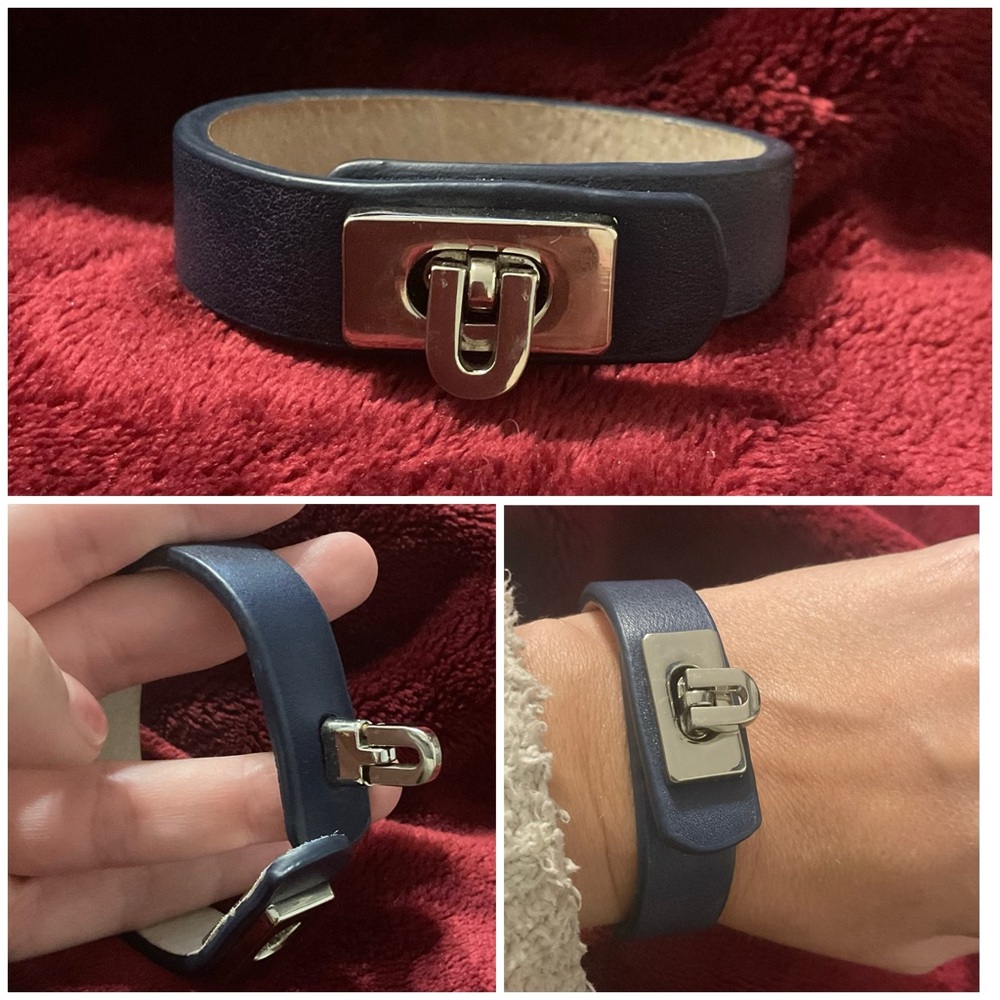 Navy Blue Leather Bracelet with Turn Lock Clasp